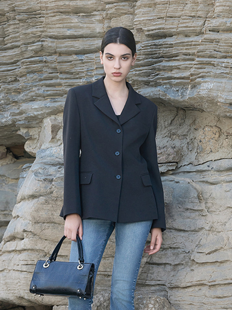 Black Polyester-Linen Stretch Blazer