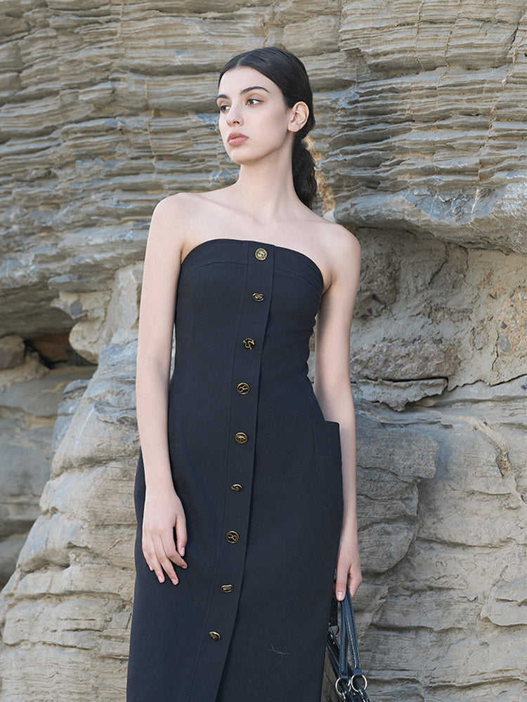 Black Poly-Linen Stretch Sheath Dress