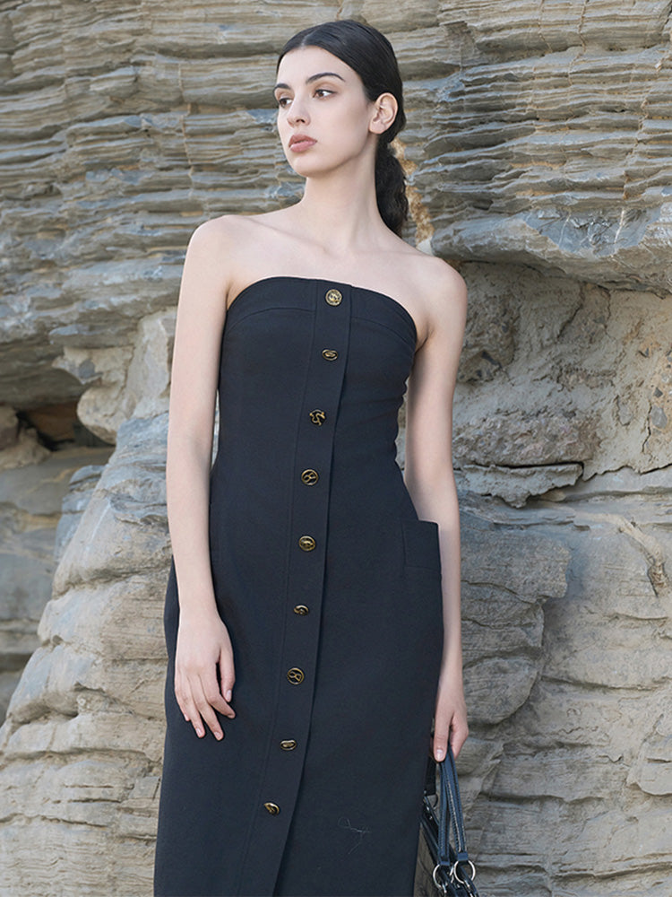 Black Poly-Linen Stretch Sheath Dress