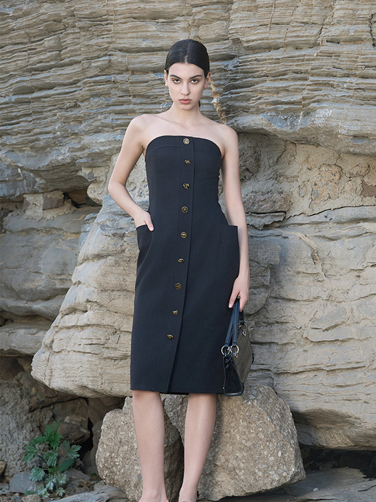 Black Poly-Linen Stretch Sheath Dress