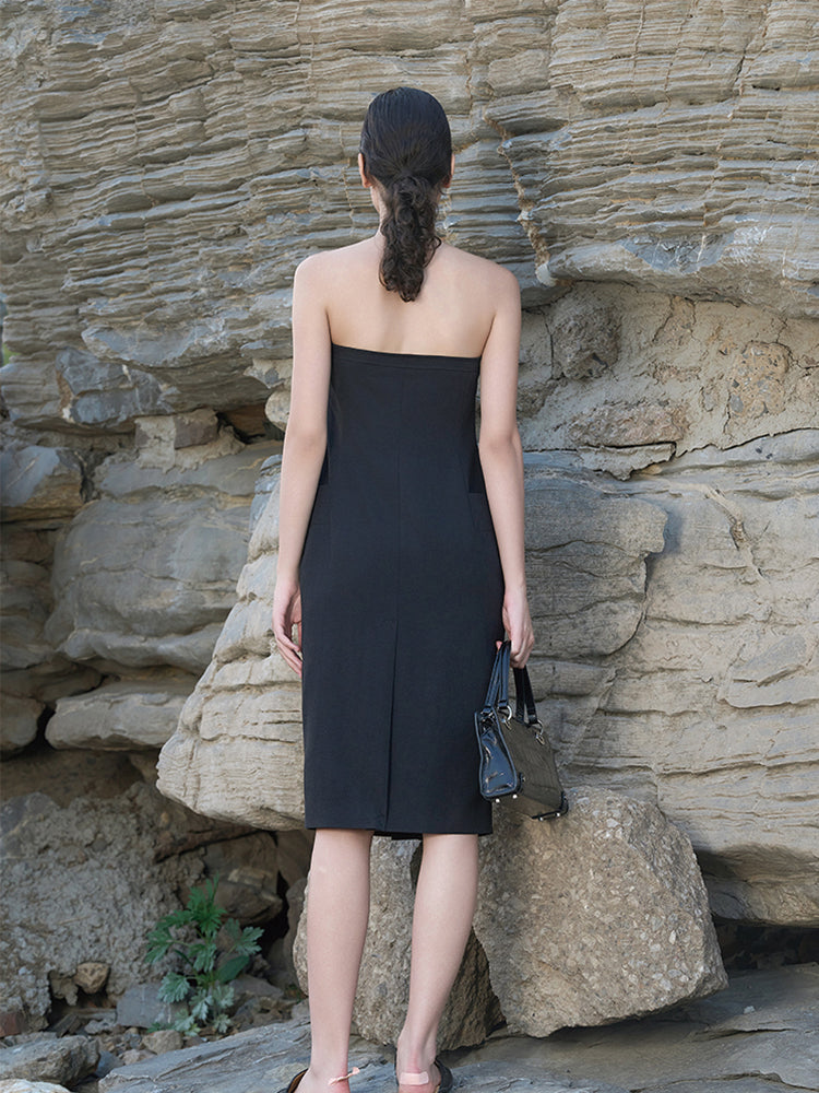 Black Poly-Linen Stretch Sheath Dress