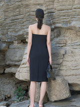 Black Poly-Linen Stretch Sheath Dress