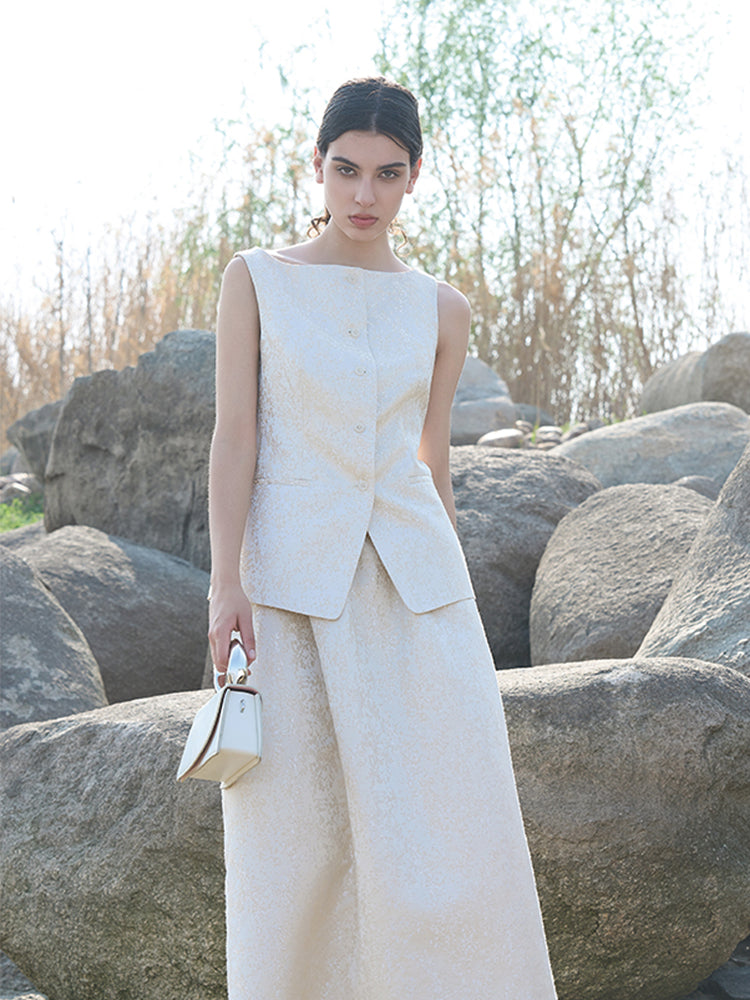 Beige Polyester Zip-Front Skirt