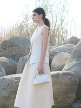 Beige Polyester Zip-Front Skirt