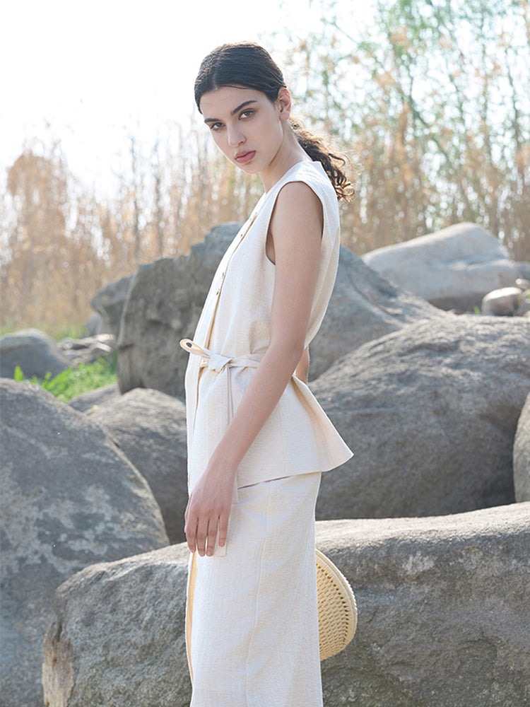 Beige Rayon-Nylon Blend Lined Skirt