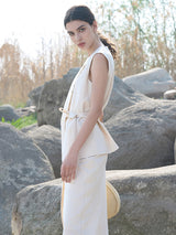 Beige Rayon-Nylon Blend Lined Skirt