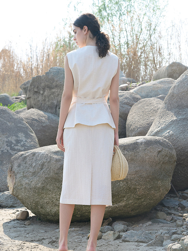 Beige Rayon-Nylon Blend Lined Skirt