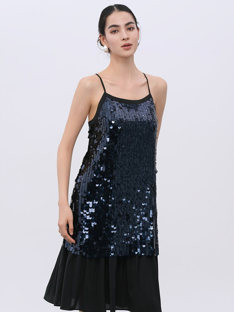 Sequin-Embellished Cocktail Dress in Midnight Hues