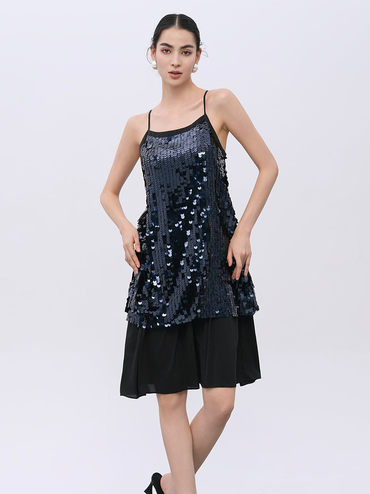 Sequin-Embellished Cocktail Dress in Midnight Hues