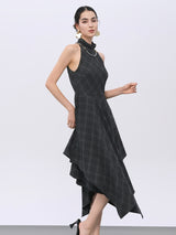 Grey Plaid Wool Blend Tailored Dress