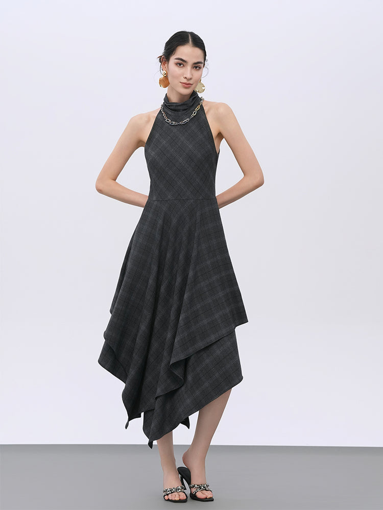 Grey Plaid Wool Blend Tailored Dress