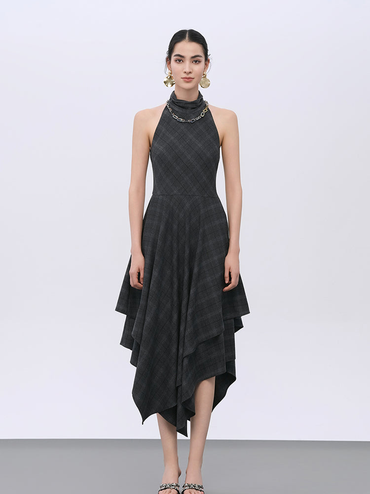 Grey Plaid Wool Blend Tailored Dress