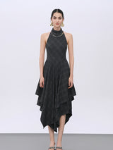 Grey Plaid Wool Blend Tailored Dress