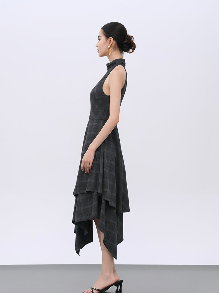 Grey Plaid Wool Blend Tailored Dress