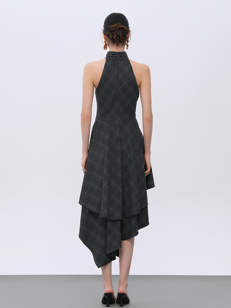 Grey Plaid Wool Blend Tailored Dress