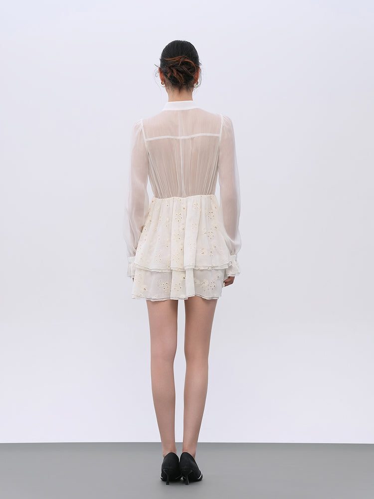 Elegant White Elastic-Waist Day Dress