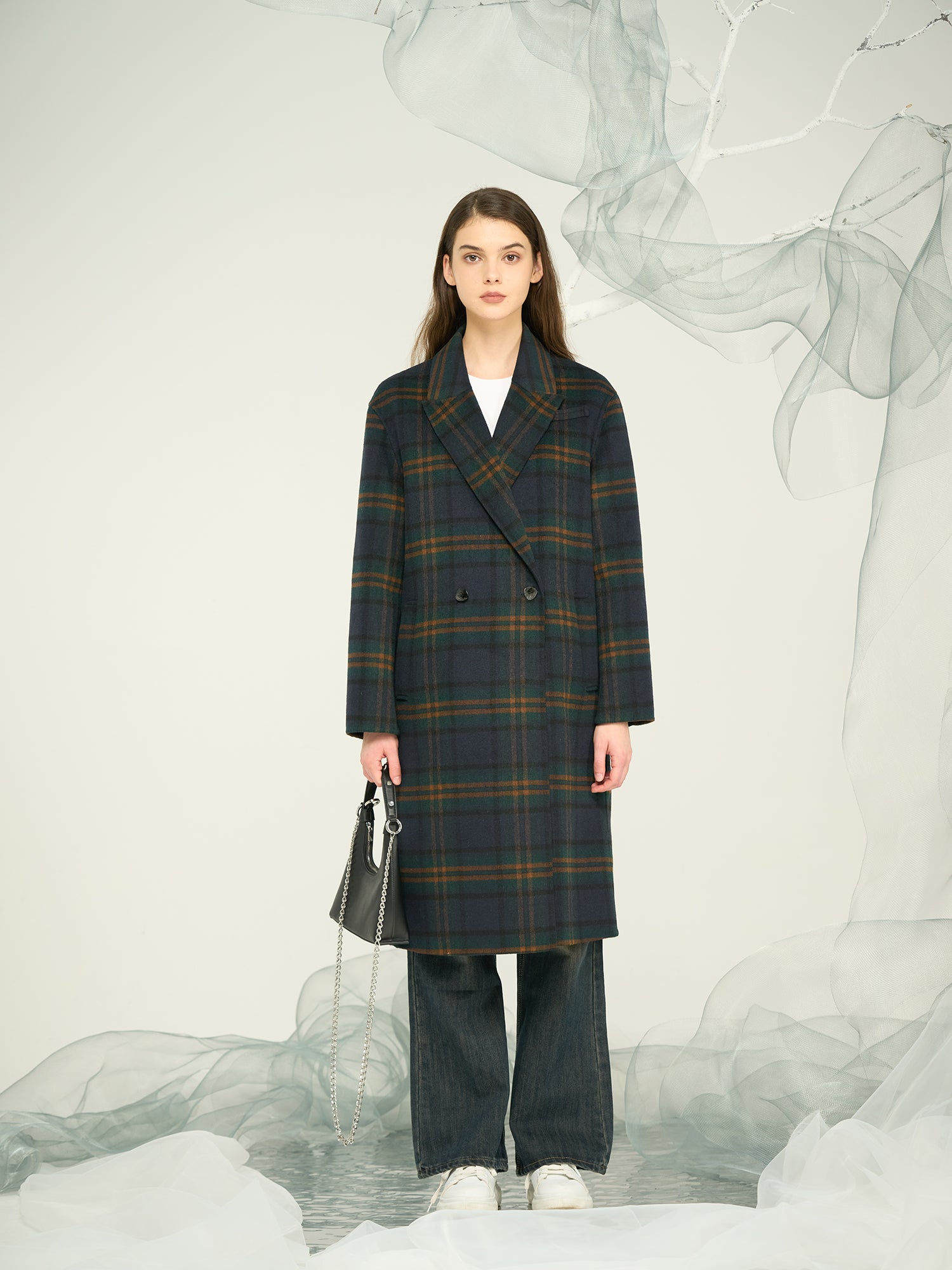 Women's Wool-Blend Large Lattice Trench Coat / Bold Grid-Pattern OEM & ODM Outerwear