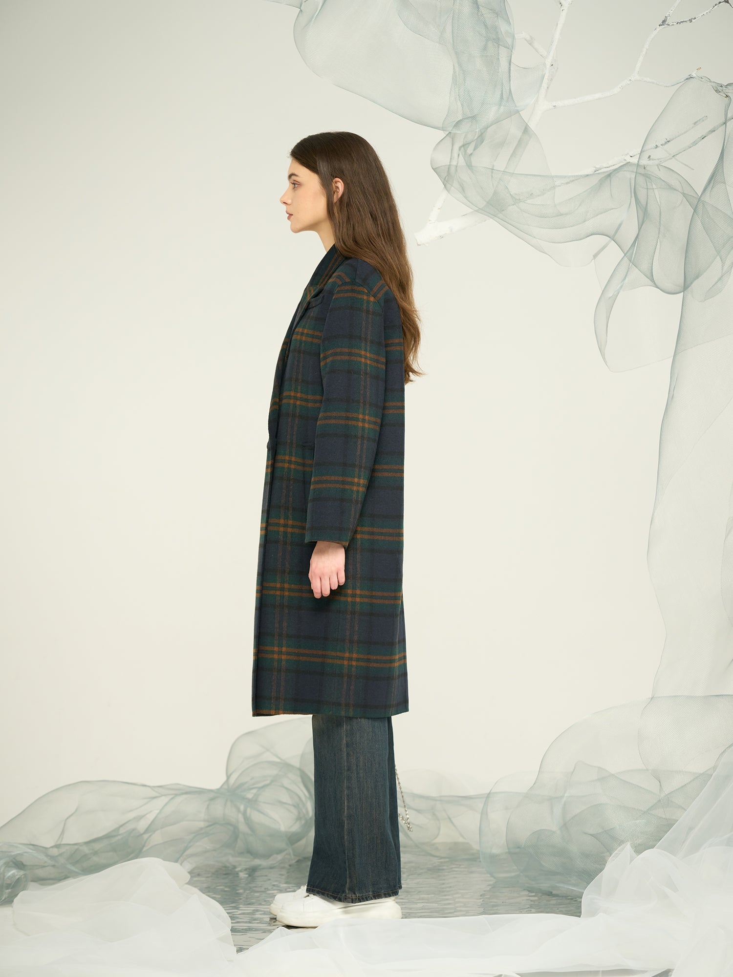 Women's Wool-Blend Large Lattice Trench Coat / Bold Grid-Pattern OEM & ODM Outerwear
