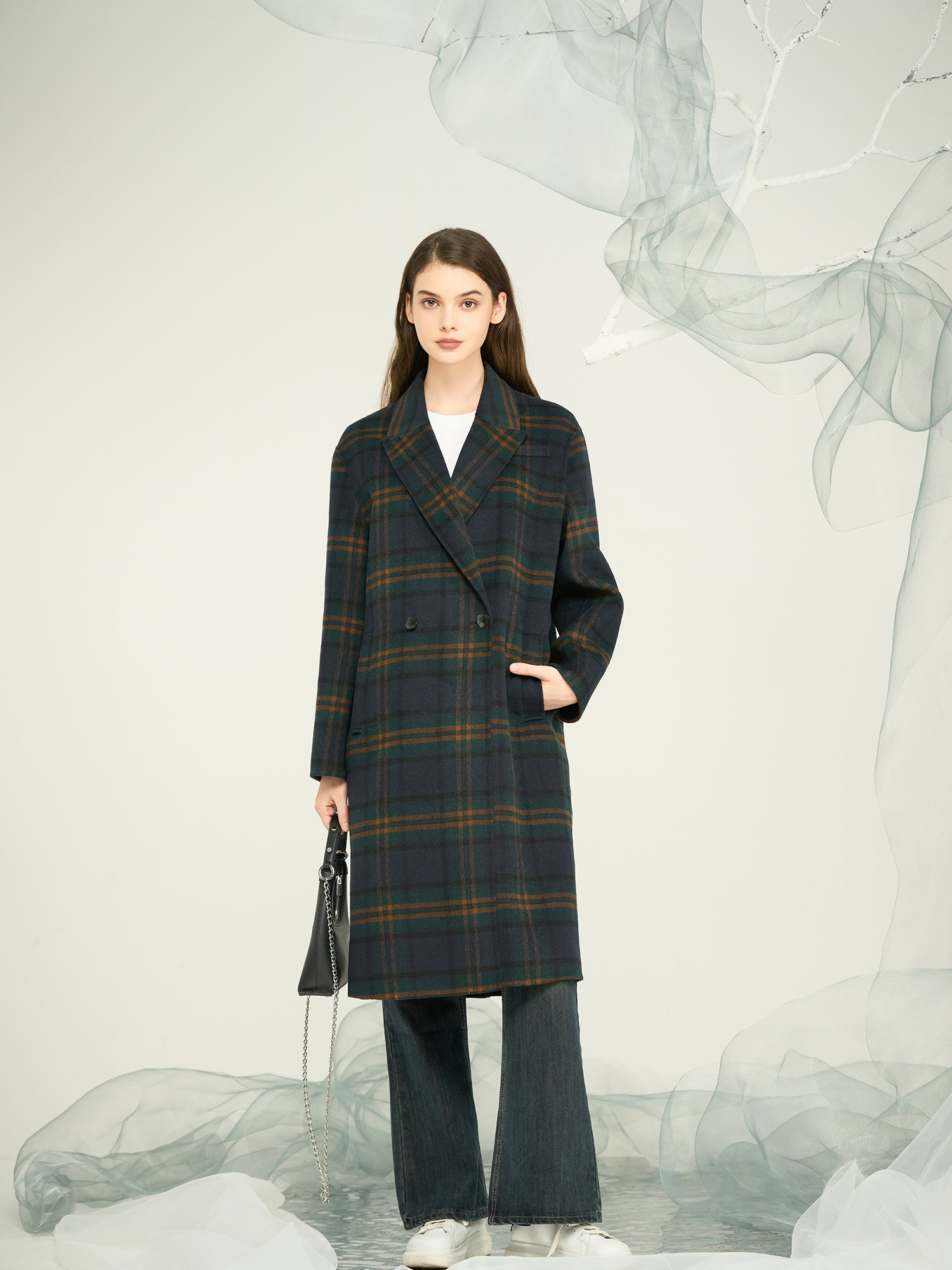 Women's Wool-Blend Large Lattice Trench Coat / Bold Grid-Pattern OEM & ODM Outerwear
