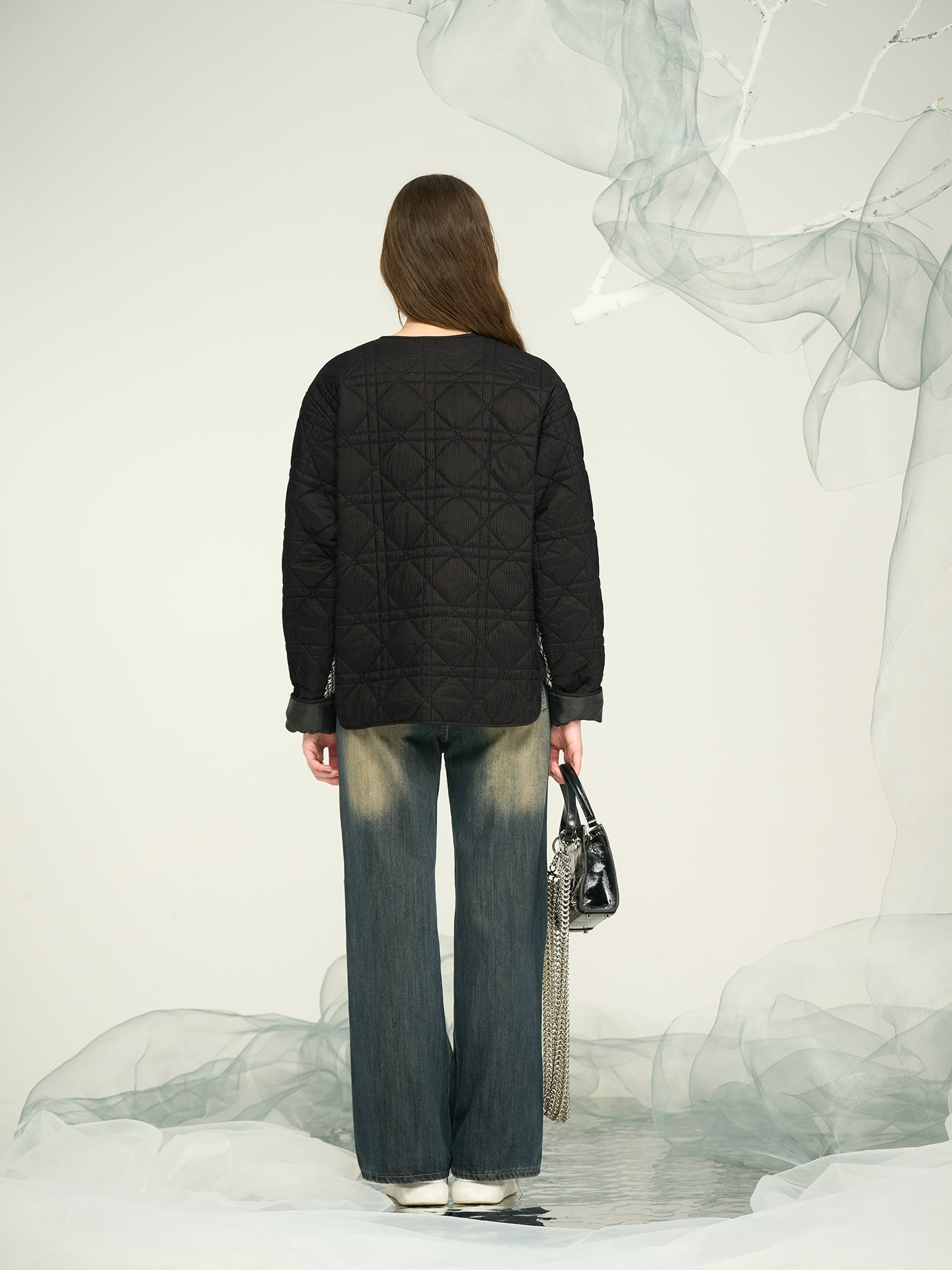 Women's Black Wool-Blend Down Jacket / Custom OEM & ODM Hybrid Insulated Outerwear
