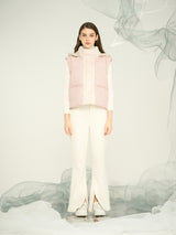 Women’s Pink Hooded Down Vest with Mixed Fabrics – OEM & ODM Lightweight Puffer Gilet