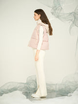 Women’s Pink Hooded Down Vest with Mixed Fabrics – OEM & ODM Lightweight Puffer Gilet