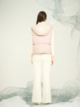 Women’s Pink Hooded Down Vest with Mixed Fabrics – OEM & ODM Lightweight Puffer Gilet