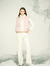 Women’s Pink Hooded Down Vest with Mixed Fabrics – OEM & ODM Lightweight Puffer Gilet