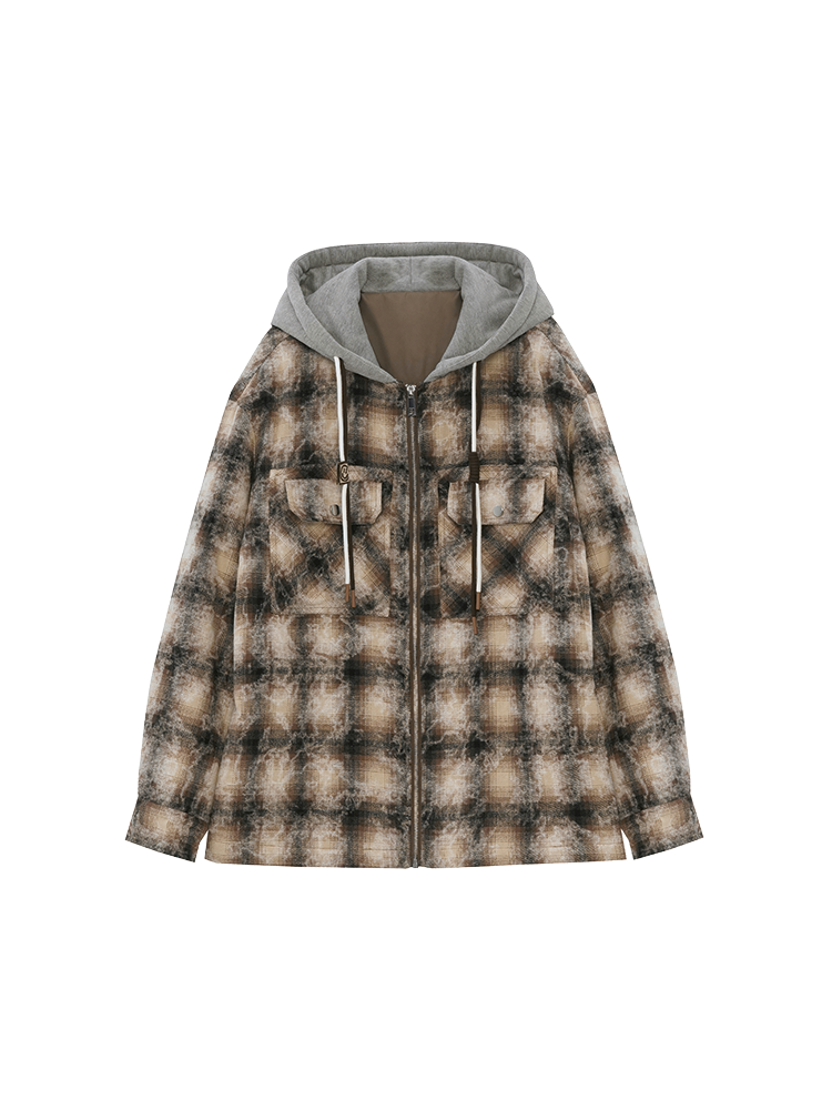 Men's Dark Brown Quilted Hooded Coat | 100% Cotton with Classic Check Pattern