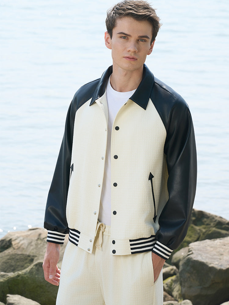 Beige & Black Baseball Jacket