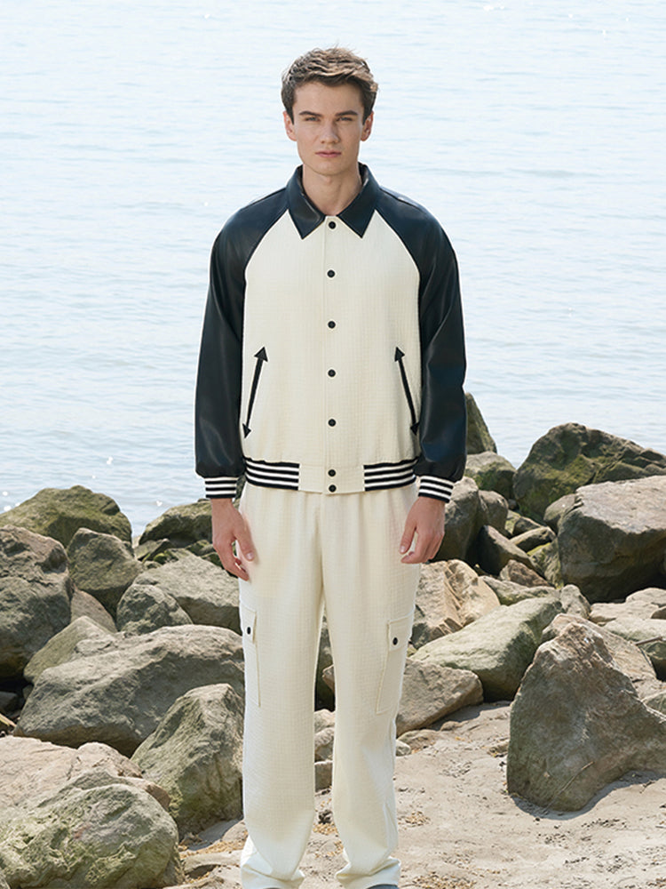 Beige & Black Baseball Jacket