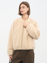 Women's Khaki Melton Wool Baseball Jacket | 50% Wool Blend & Relaxed Fit