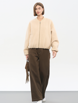 Women's Khaki Melton Wool Baseball Jacket | 50% Wool Blend & Relaxed Fit