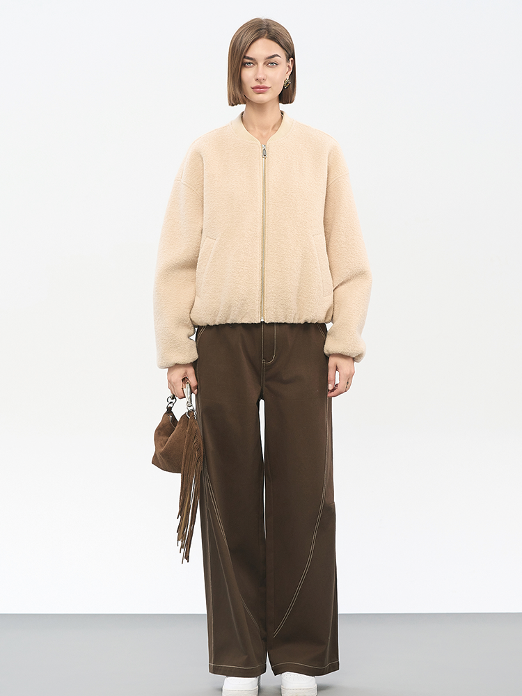 Women's Khaki Melton Wool Baseball Jacket | 50% Wool Blend & Relaxed Fit