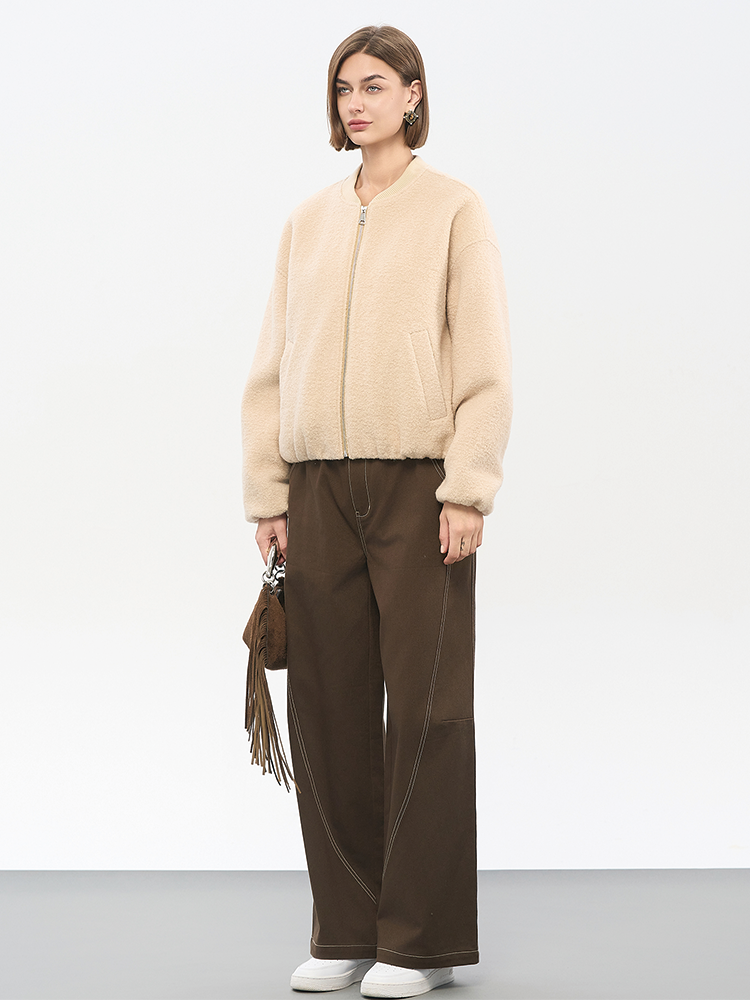 Women's Khaki Melton Wool Baseball Jacket | 50% Wool Blend & Relaxed Fit