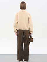 Women's Khaki Melton Wool Baseball Jacket | 50% Wool Blend & Relaxed Fit