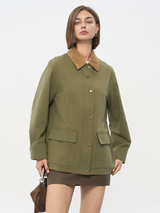 Women's Olive Green Utility Jacket | Corduroy Collar & Vintage Military Design