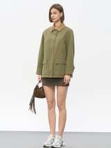 Women's Olive Green Utility Jacket | Corduroy Collar & Vintage Military Design