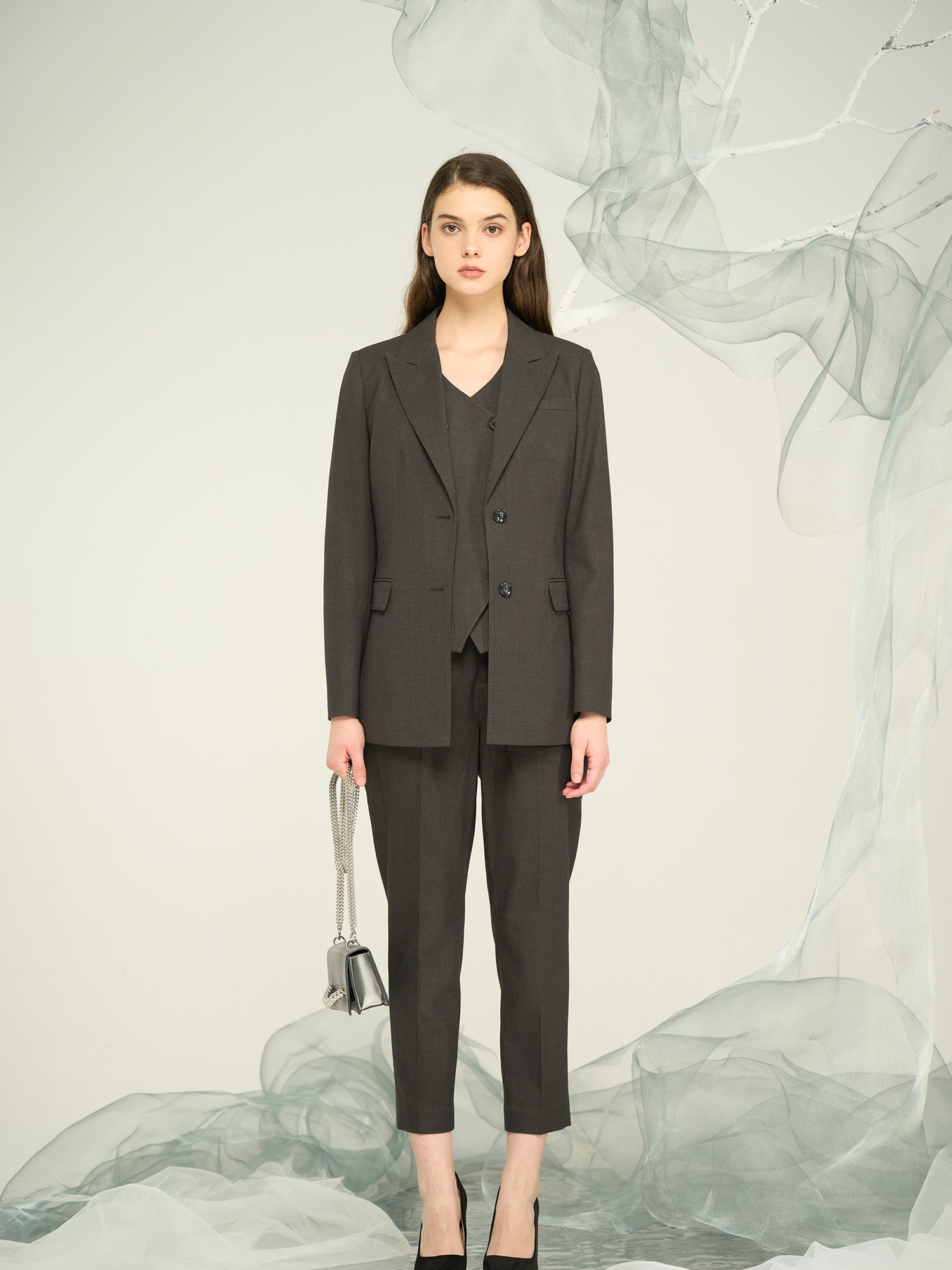 Women's Dark Grey Blend Stretch Suit with Decorative Button & Zip Detail / OEM & ODM Tailored Separates