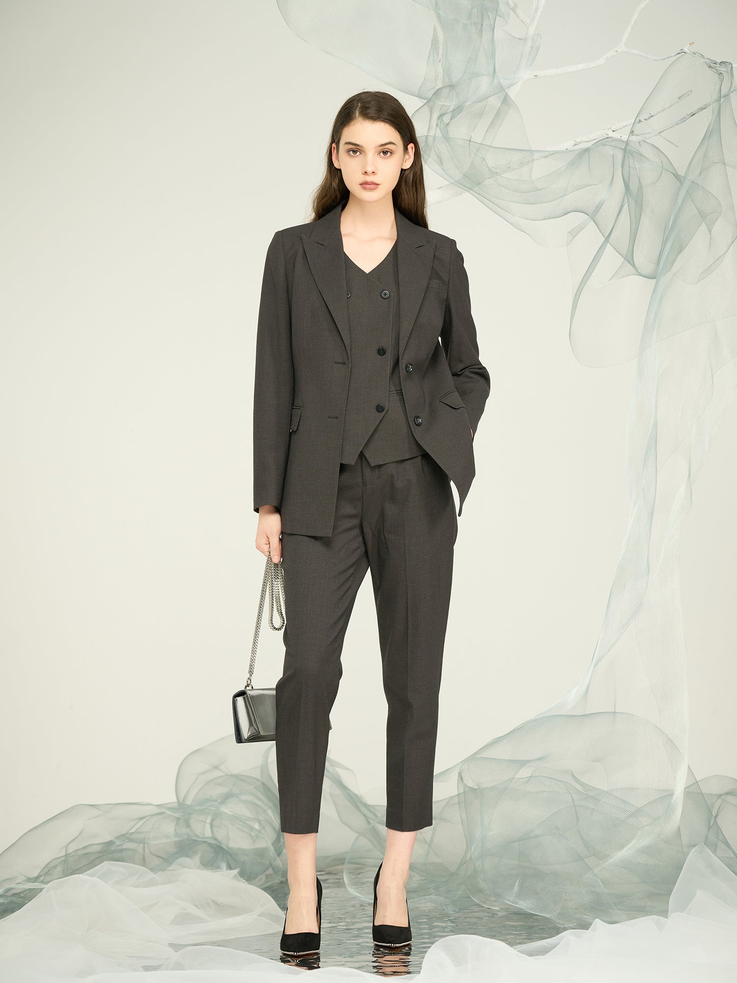Women's Dark Grey Blend Stretch Suit with Decorative Button & Zip Detail / OEM & ODM Tailored Separates