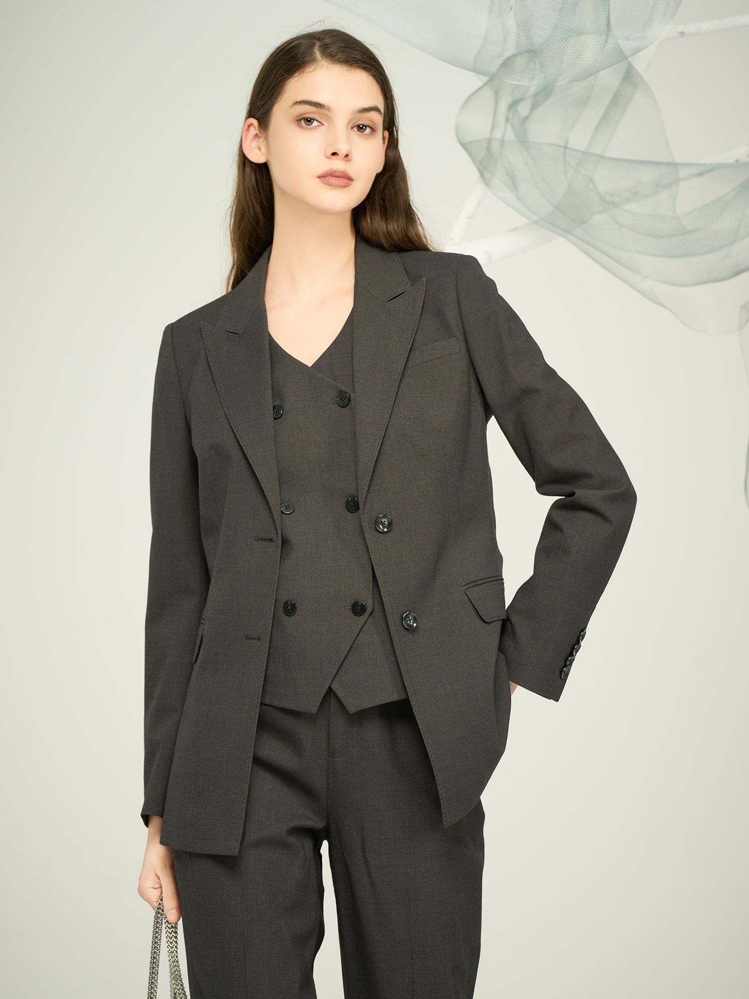 Women's Dark Grey Blend Stretch Suit with Decorative Button & Zip Detail / OEM & ODM Tailored Separates